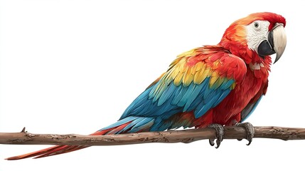 Obraz premium Colorful macaw perched sideways on a limb, feathers brilliant against white
