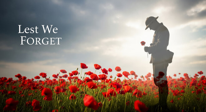 Lest We Forget. Soldier in a poppy field holding a single poppy flower at sunrise.