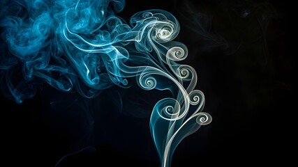 Ethereal Dance of Smoke: Capturing a mesmerizing swirl of smoky plumes in shades of cerulean and pristine white against an enigmatic black backdrop.