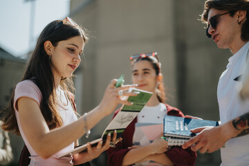 A group of young college students happily collaborating and reviewing class notes while outdoors, fostering teamwork and learning.