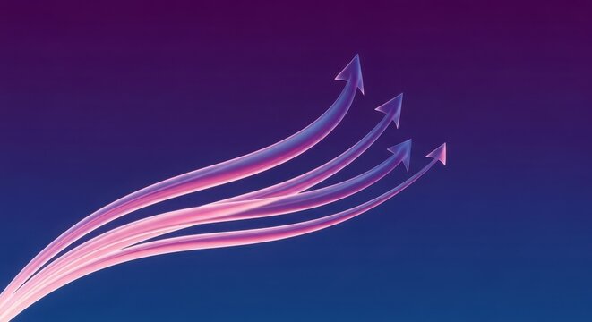 3d illustration of abstract upward arrows with gradient colors on a dark blue to purple background, symbolizing growth and progress - Powered by Adobe