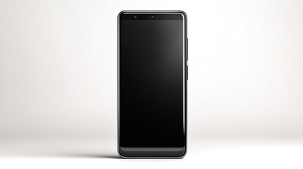 Frontal view of a sleek, modern smartphone with a dark screen against light backdrop