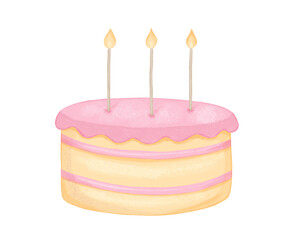Hand drawn birthday cake with three candles for girl, pink watercolor isolated illustration for card