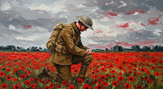 Soldier kneeling in a poppy field under a stormy sky. Remembrance Day, Poppy Day, Veterans Day, Memorial Day, Anzac Day