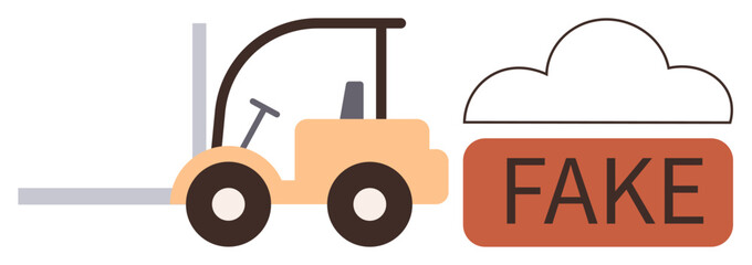 Obraz premium Forklift moving toward a block labeled FAKE next to a simple cloud shape. Ideal for logistics, warehouse, transportation, fraud detection, fake content awareness, data security, simple flat metaphor