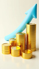 3D render of stacked gold coins arranged in ascending columns representing financial growth, savings, investment success, and wealth accumulation in a clean modern business and economic illustration.