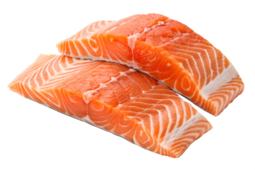 Two vibrant fresh raw salmon fillets, rich in essential omega-3 fatty acids, presented on a clean white background, ideal for healthy gourmet cooking and a balanced diet with high protein content