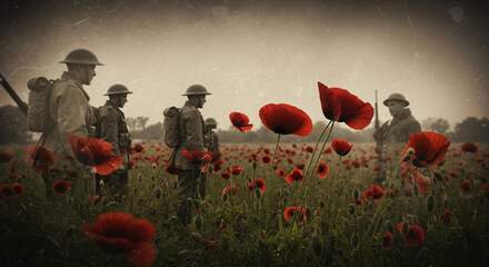 World War I soldiers in a field of poppies. Vintage style photo for Remembrance Day, Poppy Day, Veterans Day, Memorial Day