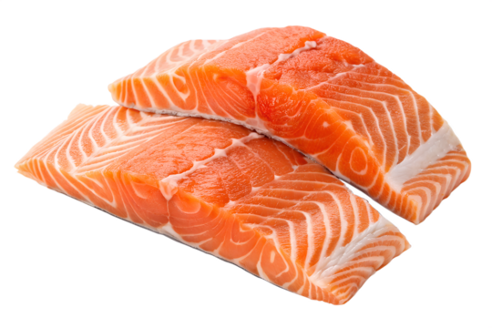 Two vibrant fresh raw salmon fillets, rich in essential omega-3 fatty acids, presented on a clean white background, ideal for healthy gourmet cooking and a balanced diet with high protein content