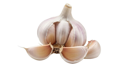 Garlic bulb with cloves on white transparent background, PNG