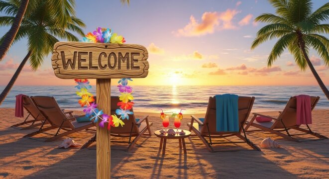 Welcoming tropical sunset panorama, with chairs on sand beach and palm trees - Powered by Adobe