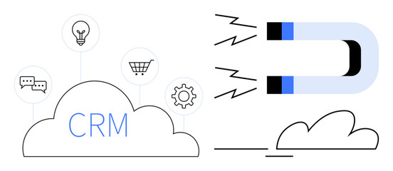 Cloud labeled CRM connects symbols thumbs up chat, ideas, cart, gears with a magnet attracting elements. Ideal for customer retention, marketing tools, cloud hosting, online business, innovation