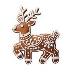 Naklejka premium Gingerbread Reindeer Cookie with White Icing Decoration Isolated on Transparent Background