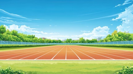 Obraz premium Bright and Open Athletic Track Under Blue Sky with Lush Greenery Surrounding the Field