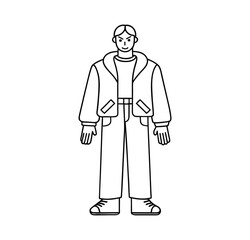 A minimalist line drawing of a person wearing a jacket, pants, and shoes. The figure stands with a neutral expression, offering a clean and modern aesthetic.