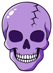 Fototapeta premium Purple Cartoon Skull with Cracks, Teeth, and Empty Eye Sockets in Vector Art Style Isolated on White