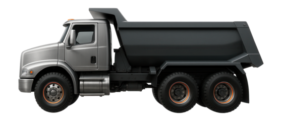 Front-discharge dump truck with a low-profile cab and rear mud flaps