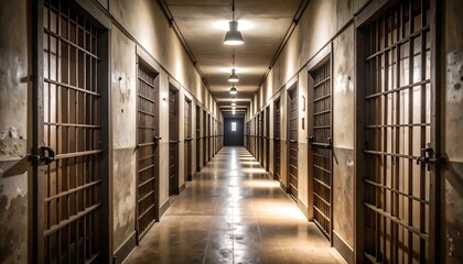 Prison corridor, long perspective, interior view