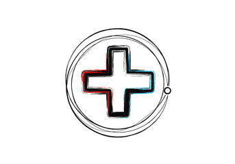 Obraz premium Abstract artistic rendering of a plus symbol within a circular outline featuring distressed brushstroke textures and a subtle gradient color effect