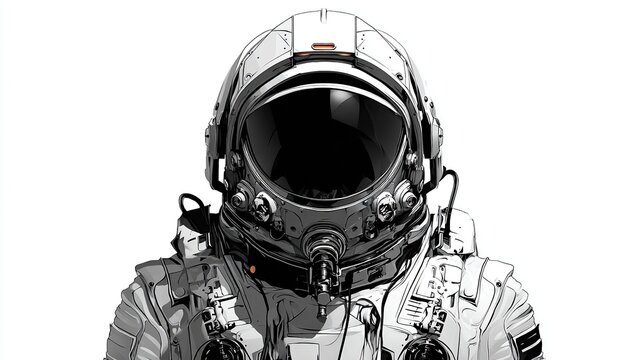Astronaut in detailed white spacesuit with large helmet visor on white background