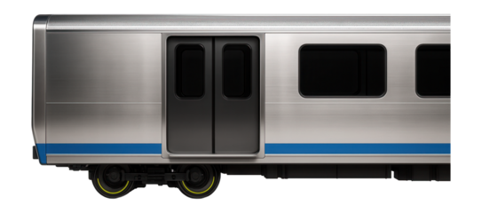 Steel-bodied metro carriage with sliding doors and overhead ventilation grilles