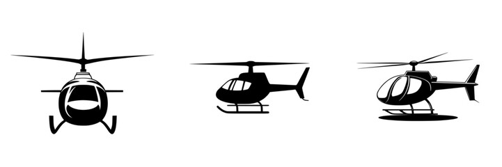 Different models of helicopters in a minimalist style displayed in black silhouette on a white background