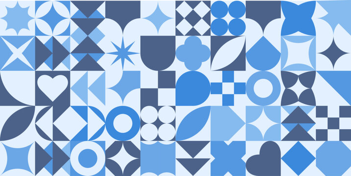 Geometric Abstract Seamless Pattern in Bauhaus style. Blue Monochrome Background of Simple Different Geometric Shapes. Vector illustration.