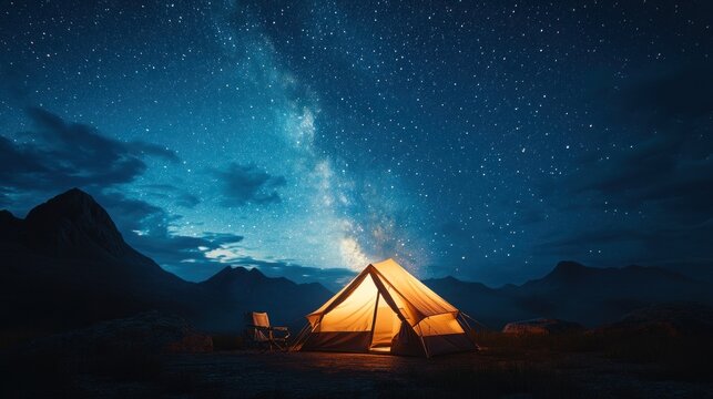 Illuminated tent under a starlit sky - Powered by Adobe