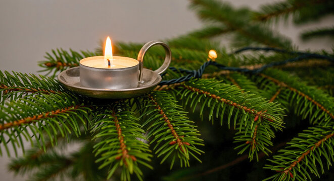 Lit tealight candle on evergreen branch with festive lights, Christmas and New Year celebration