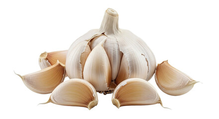 Garlic bulb with cloves on white transparent background, PNG