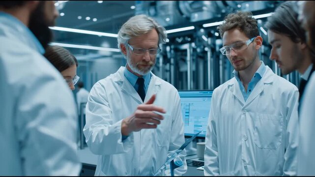 Renewable energy startup founder demonstrating prototype to investors, photorealistic, modern lab