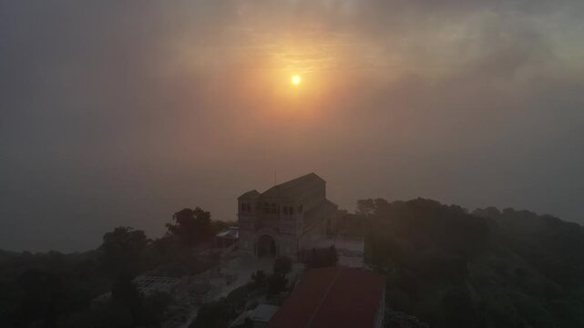 The Church of the Transfiguration, located on the summit of Mount Tabor in Israel, from a drone view