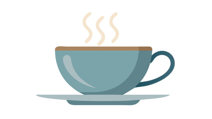 A minimalist flat design illustration of a steaming blue coffee cup and saucer on a black background perfect for cafe or beverage concepts