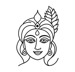  A black and white line drawing of a Hindu goddess's face. The illustration features intricate details in her headdress and jewelry, and her expression is serene and calm. 