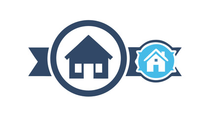 Two stylized house icons within circular and badge like frames connected by a ribbon element on a black background representing real estate or property services
