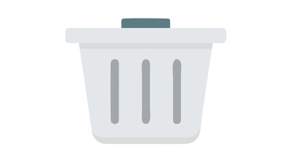 A simple modern flat design illustration of a white trash can with a grey lid and vertical slots on a transparent background