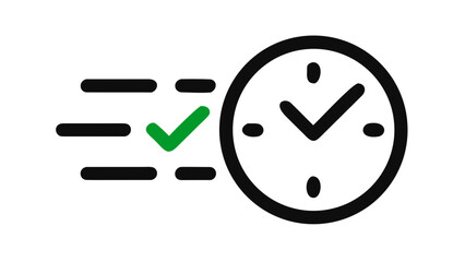 Green checkmark with motion blur effect next to a stylized clock face indicating successful task completion and time management