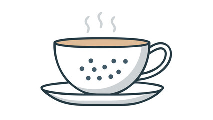 A stylized illustration of a dark blue coffee cup with a pattern of light blue dots and a light brown beverage steaming with white wisps sits on a matching saucer against a black background