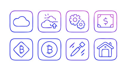 Collection of eight modern gradient outline icons representing cloud computing finance cryptocurrency and home services on a black background