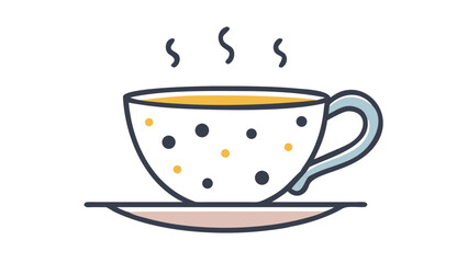 Cozy black polka dot mug filled with warm yellow beverage emitting steam sits on a saucer perfect for a comforting drink