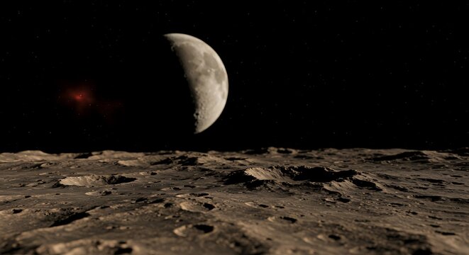 Alien planet surface with crescent moon in dark sky - Powered by Adobe