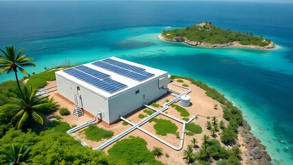 Fototapeta premium Aerial view of a solar power station on a tropical island coast