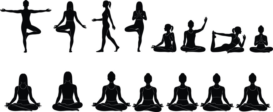 Yoga silhouette collection of women practicing meditation, balance, stretching, and mindfulness exercises for health, relaxation, inner peace, posture, and body wellness.
