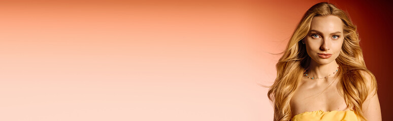 Stylish young woman embraces fashion with elegance in a vibrant setting