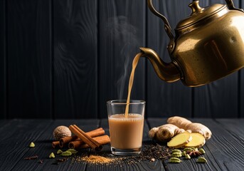 Masala Chai Being Poured from Brass Kettle into Glass with Indian Spices