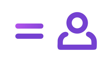Simple purple gradient equal sign next to a stylized purple user icon on a black background representing equality and identity