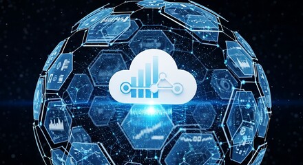 Abstract digital sphere with cloud data analytics and network