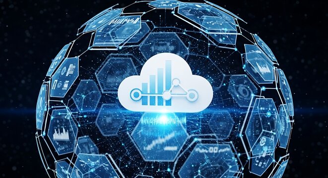 Abstract digital sphere with cloud data analytics and network - Powered by Adobe