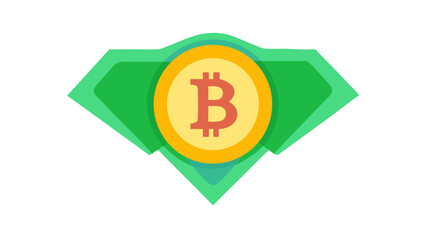 Stylized green wings embrace a golden bitcoin coin with a prominent red b symbol representing digital currency and financial technology innovation