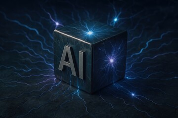 AI processor chip glowing with blue energy. Use for digital transformation visuals, cybersecurity branding, artificial intelligence marketing, or fintech campaigns.
